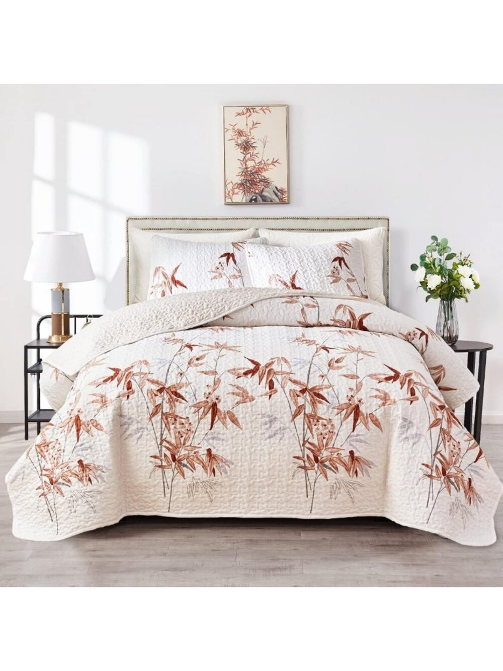 Reversible Twin Quilt Set - Burnt Orange Leaf Print, Soft Microfiber Bedspread